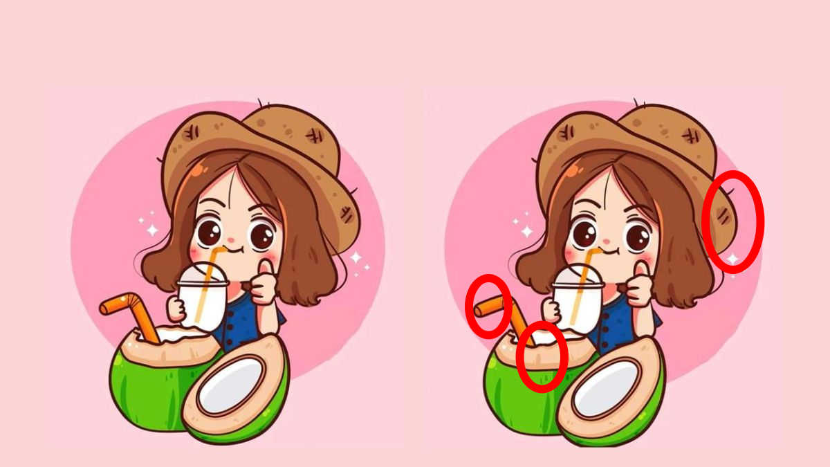 spot 3 differences girl sipping coconut water solution
